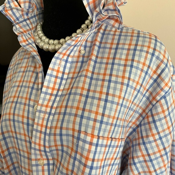 Chaps Orange & Blue Plaid Ruffled Collar Button-Up Blouse - Picture 2 of 4